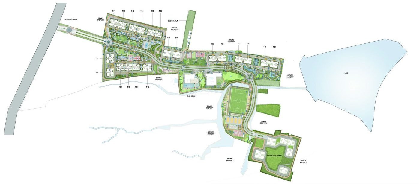Nambiar District 25 master plan showing towers 1 to 20, clubhouse, football ground and lake