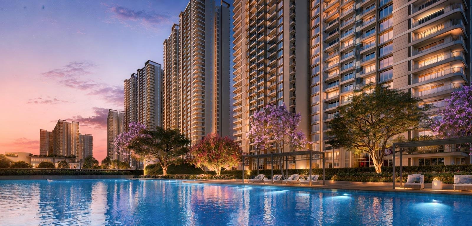 Resort-style pool at dusk