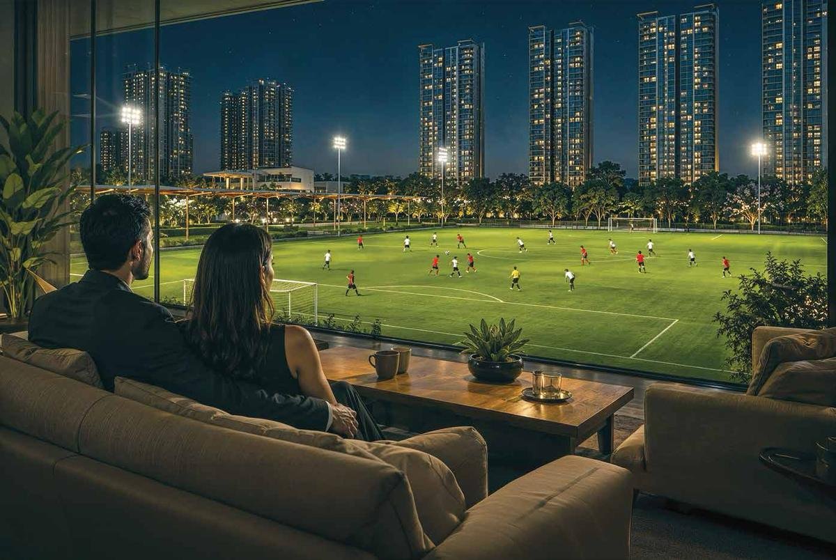 Living room overlooking the football pitch